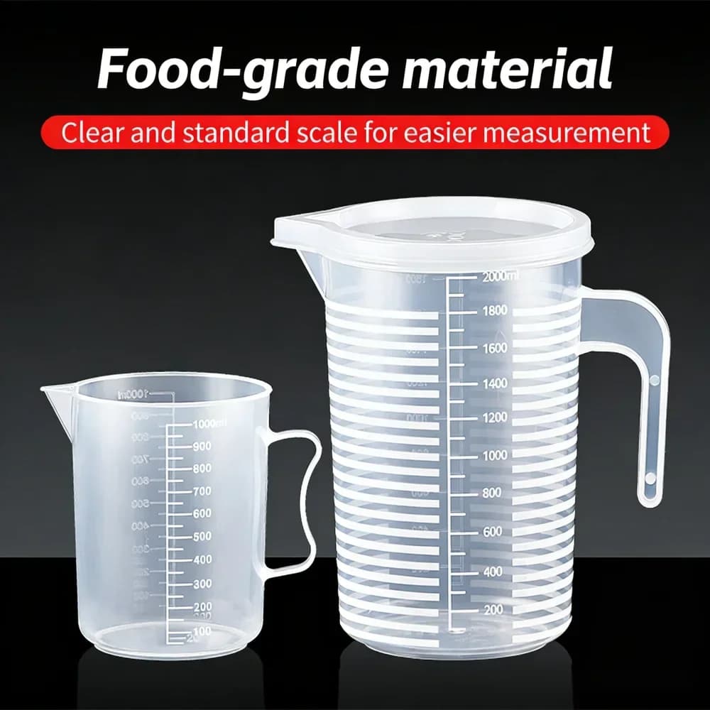 كوب قياس للمطبخ 100-5000ml صالح للطعام، بدون غطاء مع تدريج على الغطاء، PC مقاوم لدرجات الحرارة العالية، بيكر بلاستيكي لمتاجر الحليب والشاي