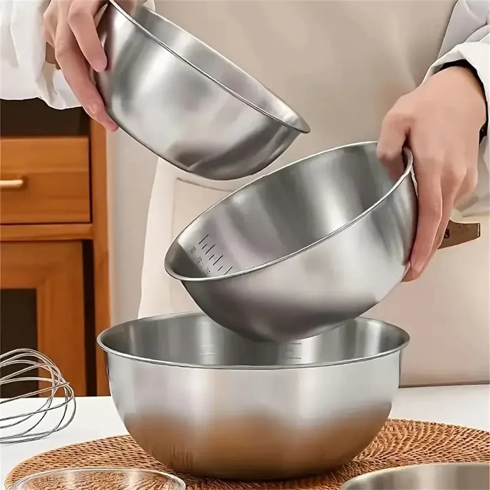 طقم أوعية من الفولاذ المقاوم للصدأ 1-3 مع مقياس للطهي والخبز وتخزين الطعام، أوعية خلط كبيرة السعة لأساسيات مطبخ المنزل