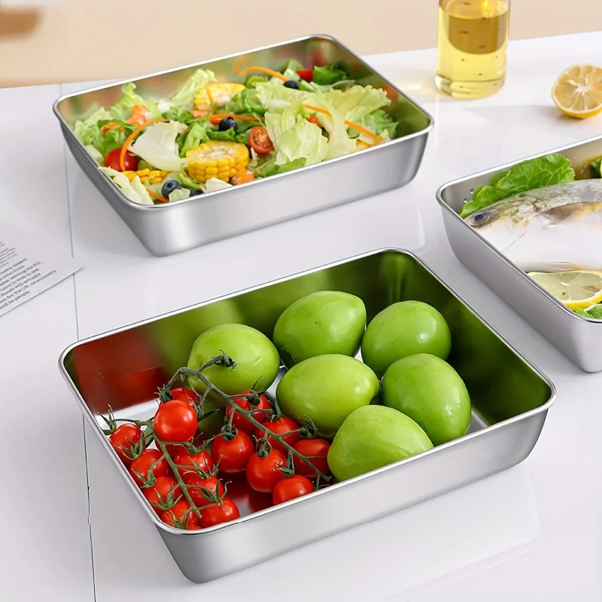 مجموعة مكونة من 3 حاويات تخزين طعام من الفولاذ المقاوم للصدأ - محكمة الإغلاق وخالية من BPA لتنظيم المطبخ للثلاجة/المخزن/المواد الجافة