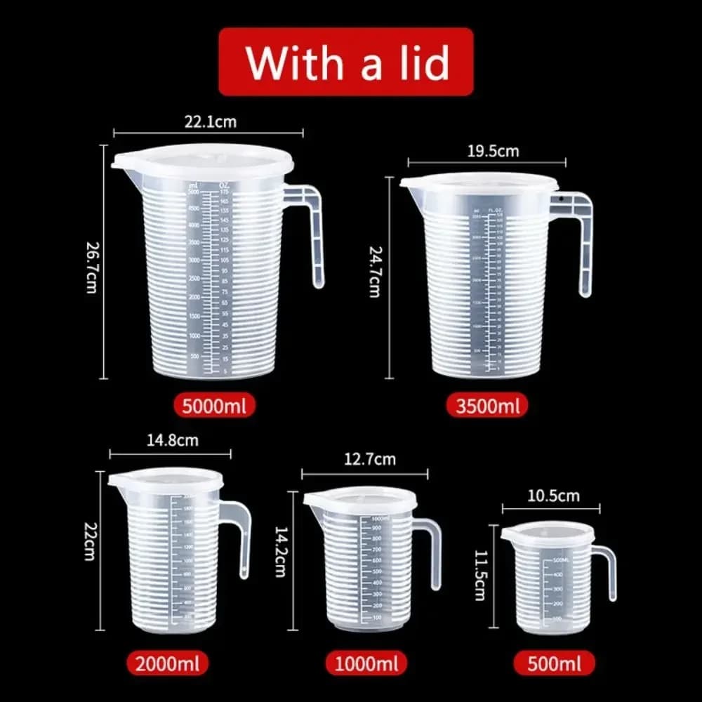 كوب قياس للمطبخ 100-5000ml صالح للطعام، بدون غطاء مع تدريج على الغطاء، PC مقاوم لدرجات الحرارة العالية، بيكر بلاستيكي لمتاجر الحليب والشاي