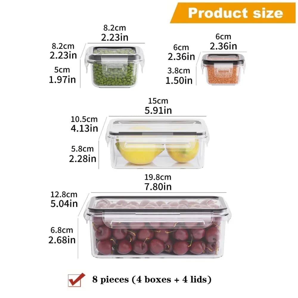 8 قطع حاويات طعام محكمة الإغلاق خالية من BPA مع أغطية بإقفال - تخزين من بلاستيك PP آمن للميكروويف/الفريزر للمواد الجافة/الفاكهة/الخضروات