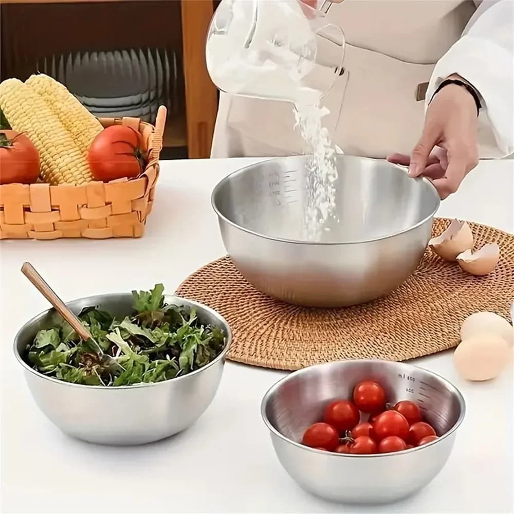 طقم أوعية من الفولاذ المقاوم للصدأ 1-3 مع مقياس للطهي والخبز وتخزين الطعام، أوعية خلط كبيرة السعة لأساسيات مطبخ المنزل