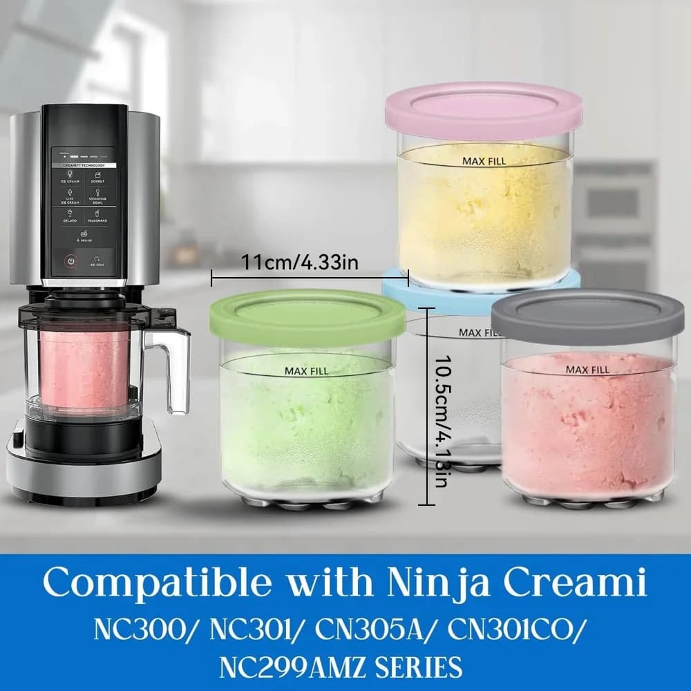 أكواب وأغطية Creami لـ Ninja - مجموعة من 4 عبوات لحاويات آيس كريم كريمي، أكواب، برطمانات، أوعية، متوافقة مع وعاء السموذي