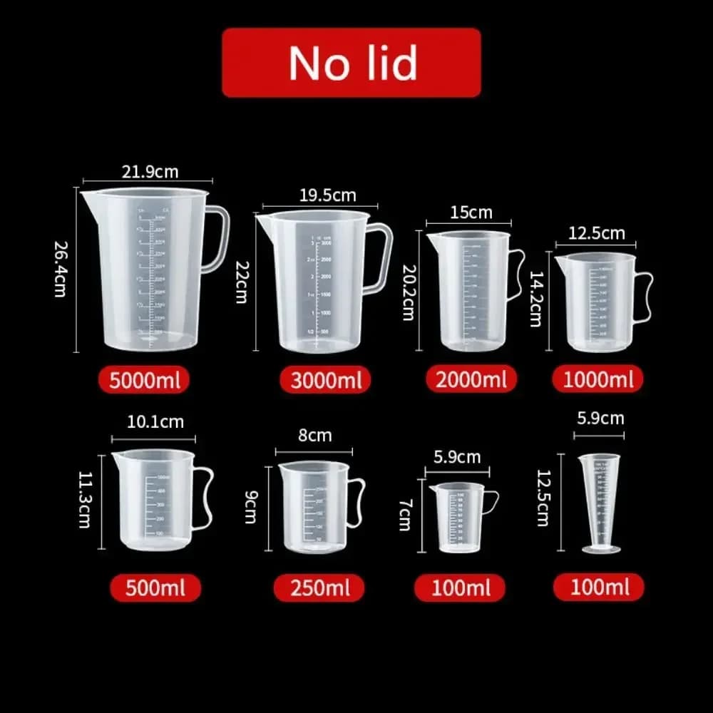 كوب قياس للمطبخ 100-5000ml صالح للطعام، بدون غطاء مع تدريج على الغطاء، PC مقاوم لدرجات الحرارة العالية، بيكر بلاستيكي لمتاجر الحليب والشاي