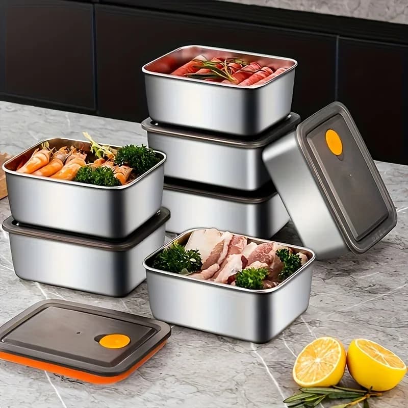 طقم 4 قطع حاويات تخزين طعام من الستانلس ستيل - سميك، مانع للتسرب، خالٍ من BPA وقابل للتكديس لتنظيم الثلاجة/الفريزر/المخزن