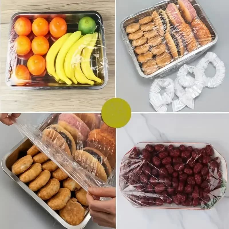 50pcs أغطية طعام مرنة قابلة لإعادة الاستخدام من PE - أغطية بلاستيكية قابلة للتمدد للخبز والفواكه والوجبات الخفيفة | إحكام شفاف متين