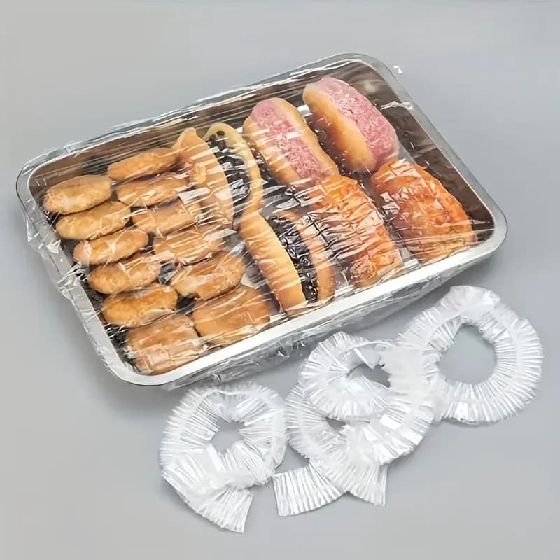 50pcs أغطية طعام مرنة قابلة لإعادة الاستخدام من PE - أغطية بلاستيكية قابلة للتمدد للخبز والفواكه والوجبات الخفيفة | إحكام شفاف متين