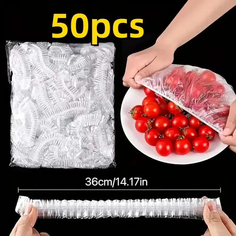 50pcs أغطية طعام مرنة قابلة لإعادة الاستخدام من PE - أغطية بلاستيكية قابلة للتمدد للخبز والفواكه والوجبات الخفيفة | إحكام شفاف متين